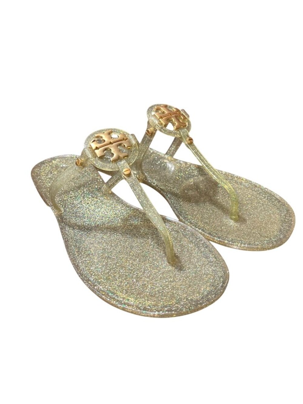 Tory Burch Women Size 7 Miller Jelly Glitter Sandals Gold Logo Sparkle Flip Flop